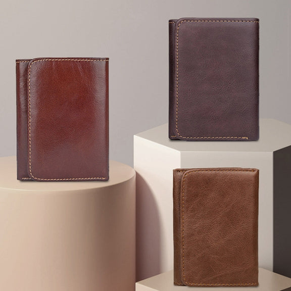 Men Casual Retro RFID Blocking Anti-Scanning Cowhide Leather Short Wallet(Coffee)