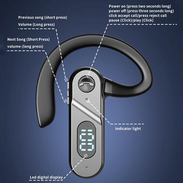 V28 Bluetooth Headset Hanging Ear Digital Display Single Ear Voice Control Earphone(Black)