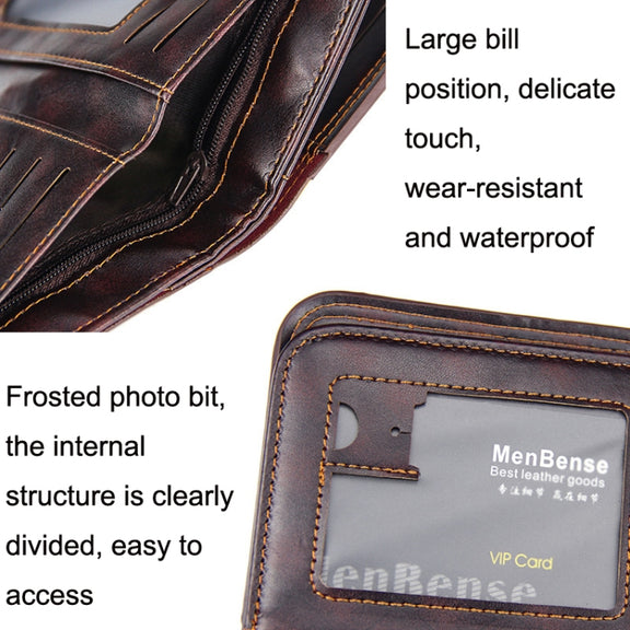 Menbense Short Fashion Leisure Magnetic Buckle Large Capacity 3 Fold Male Wallet(Dark Brown)