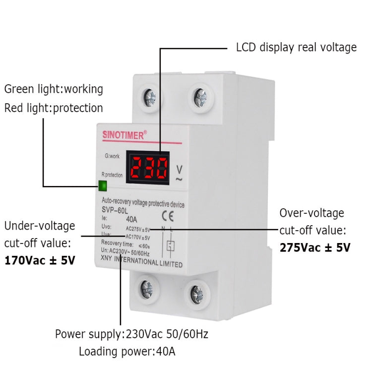 SINOTIMER 220V LED Digital Display Delay Automatic Reset Under-voltage Protector(SVP-60L)