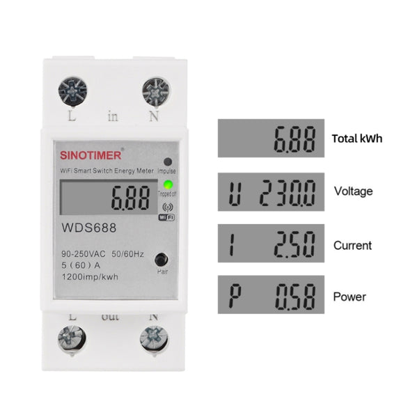SINOTIMER WDS688 Smart WiFi Single-Phase Power Meter Mobile APP Home Rail Meter 5-60A 230V