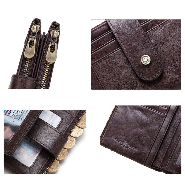 HUMERPAUL BP896 RFID Anti-Theft Brush Dual Zipper Leather Wallet Multi-Card Men Purse(Dark Brown)