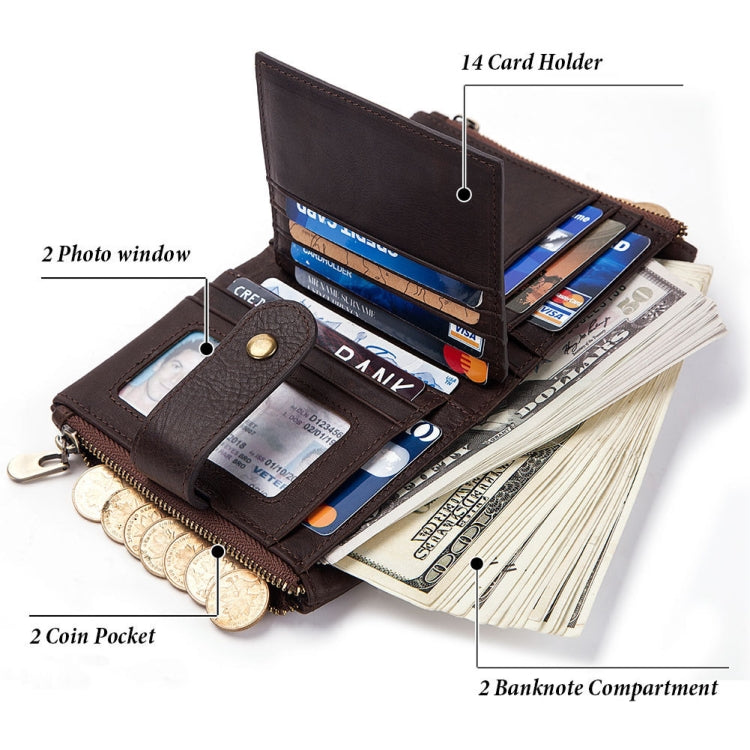BP804 RFID Anti-Theft Wallet Multi-Function Buckle Zipper Retro Leisure Coin Purse(Khaki)