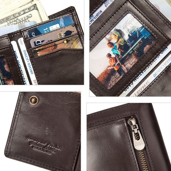 HUMERPAUL BP992 RFID Anti-Magnetic Multi-Card Position Zipper Coin Purse Leather Men Wallet(Dark Brown)
