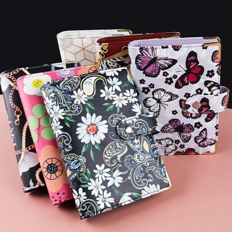 A6 PU Leather Color Printing Notebook Zipper Bag Loose-leaf Budget Binder(Flower-Rose Red)