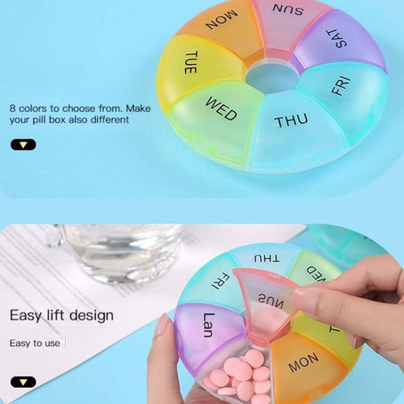2 PCS Round 7 Days Rainbow Color Portable Pill Box Plastic Seven Grid(Cyan)