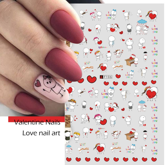 10 PCS Cartoon Heart Letters Comic Character Nail Art Sticker 3D Adhesive Nail Stickers(F637)