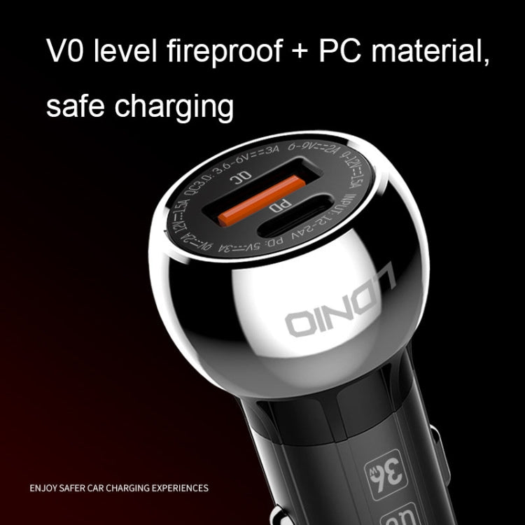 LDNIO C1 36W PD + QC 3.0 Car Fast Charger High Power Smart USB Car Charger with 8 Pin Cable