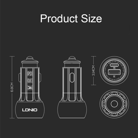 LDNIO C1 36W PD + QC 3.0 Car Fast Charger High Power Smart USB Car Charger with USB-C/Type-C Cable