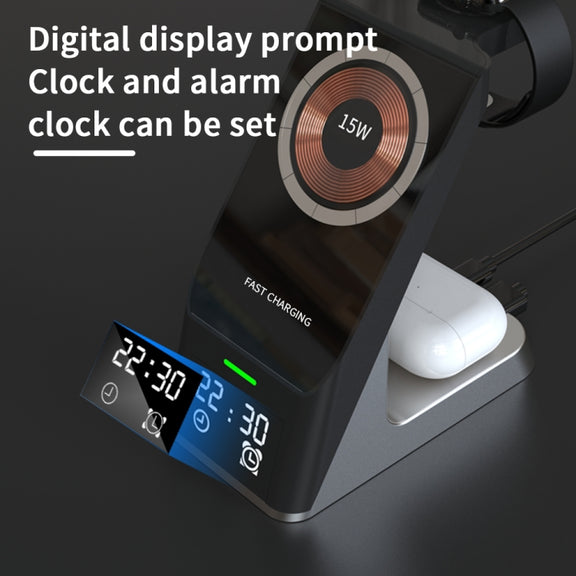 H27 15W  6 In 1 With Clock Function Magnetic Phone Wireless Charger For iWatch/AirPods(Black)