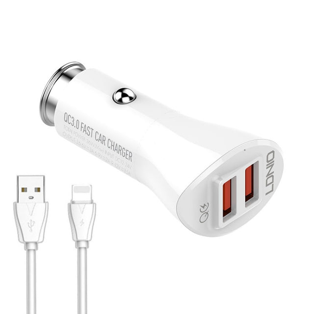 LDNIO C511Q 36W QC 3.0 Phone Fast Charger Dual-USB Ports Smart Car Charger with 8 Pin Cable