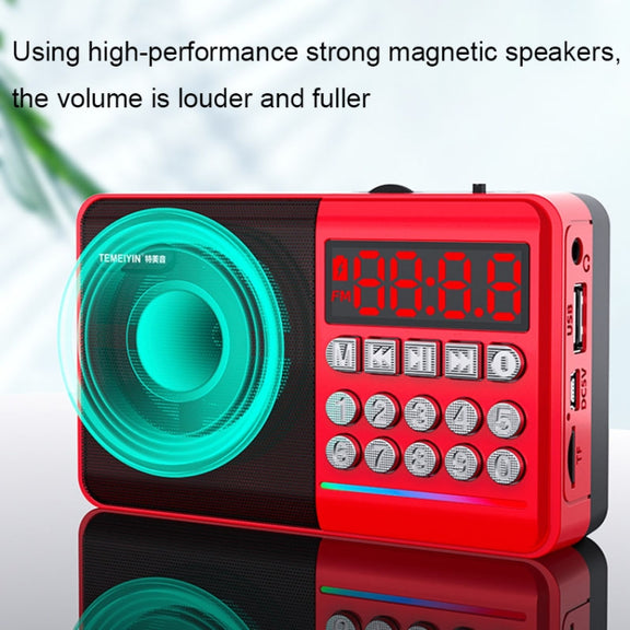 TEMEIYIN LED Digital Display Card Bluetooth Radio Speaker Morning Exercise Portable Player, Color: Red with Light