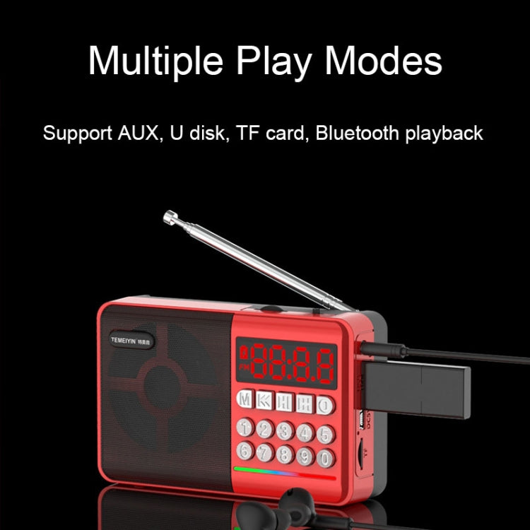 TEMEIYIN LED Digital Display Card Bluetooth Radio Speaker Morning Exercise Portable Player, Color: Red with Light