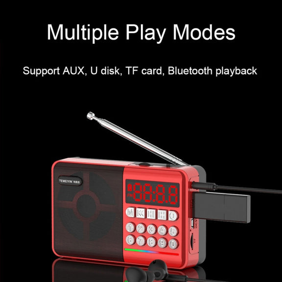 TEMEIYIN LED Digital Display Card Bluetooth Radio Speaker Morning Exercise Portable Player, Color: Red with Light