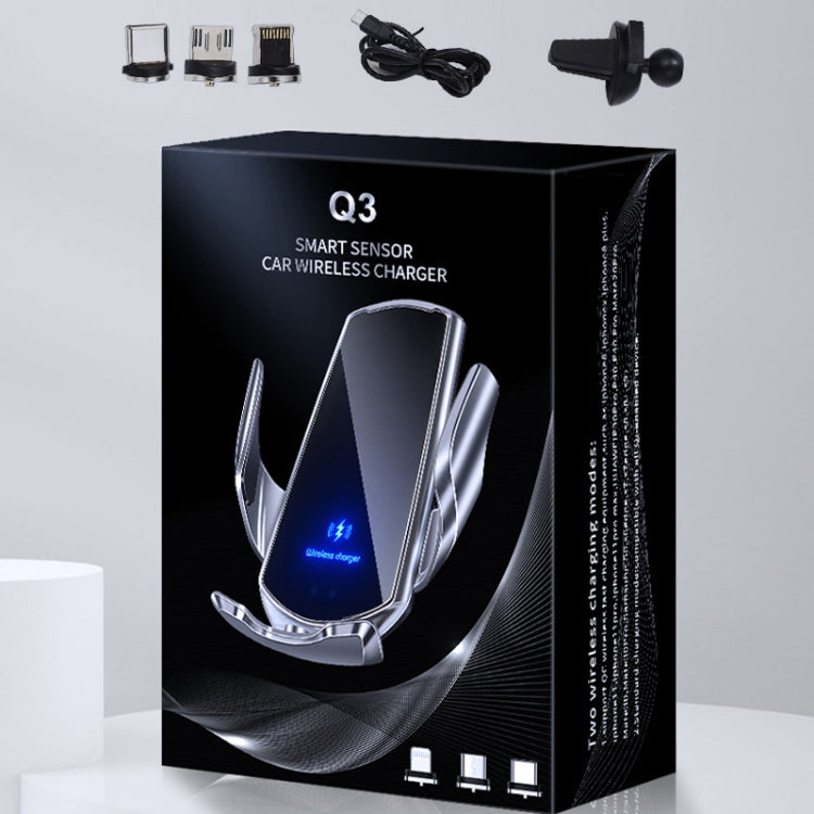 Q3 Infrared Induction Magnetic Car Wireless Charging Phone Bracket with Micro USB + 8 Pin + Type-C / USB-C Magnetic Connector(Black)