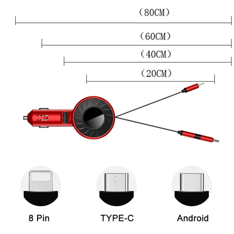 3 In 1 USB Dual Cable Single Pull Retractable Car Charger(Red)