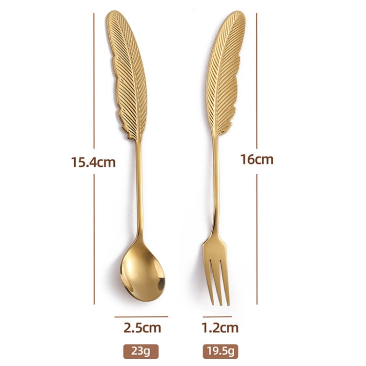 304 Stainless Steel Feather Spoon Fork Literary Tableware,Style: 3pcs Spoon-Titanium Gold