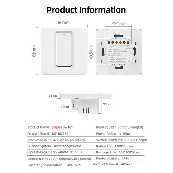 Tuya ZigBee Smart Single-fire Zero-fire Sharing Switch Phone Control Voice Panel EU Plug, Spec: 2 Buttons