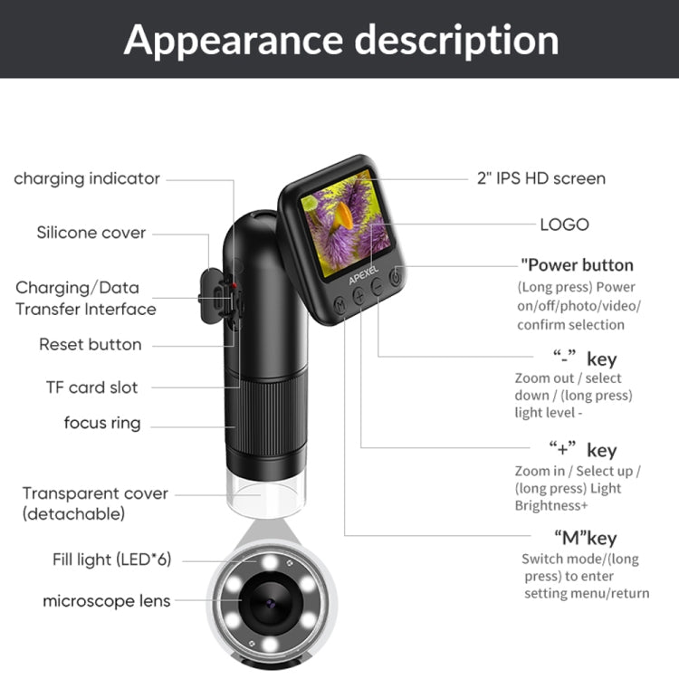 Apexel APL-MS008 Circuit Board Detection Amplification Delay Photography HD Microscopic Lens With Screen(Black)