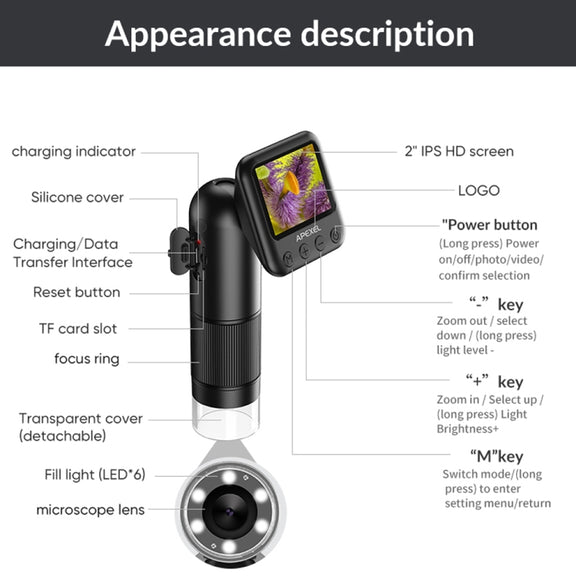 Apexel APL-MS008 Circuit Board Detection Amplification Delay Photography HD Microscopic Lens With Screen(Black)