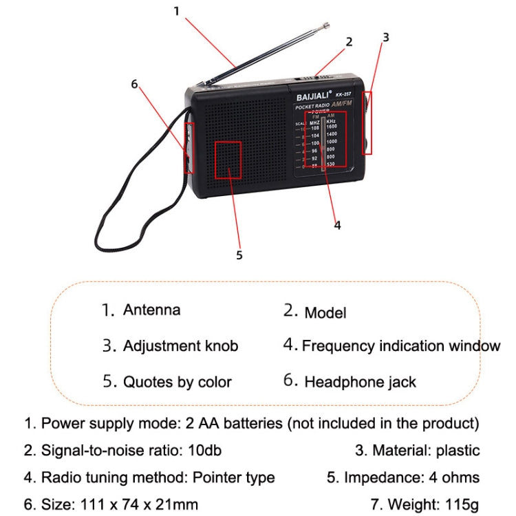 BAIJIALI BJL228 Retro Portable Two Band FM AM Radio Built-in Speaker(Black)