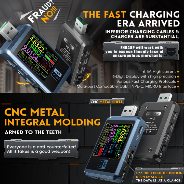 FNIRSI FNB48P USB Mobile Phone DC Power Charger Detector, Color: Without Bluetooth Black
