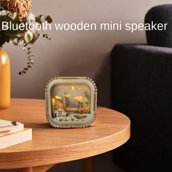 BT813X Solid Wood Ambient Light Wireless Bluetooth Speaker Home Night Light Wood Carving Pattern Audio(Wood Color)