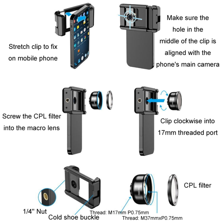 APEXEL CM-HB100CPL HB100mm HD External Macro Mobile Phone Lens with CPL(Black)
