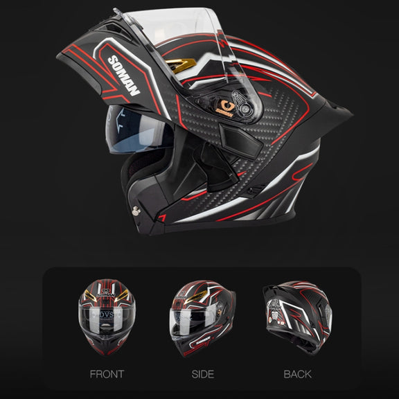 SOMAN Motorcycle Dual Lens Riding Peel-Off Full Coverage Helmet, Size: M(Bright Black Green)