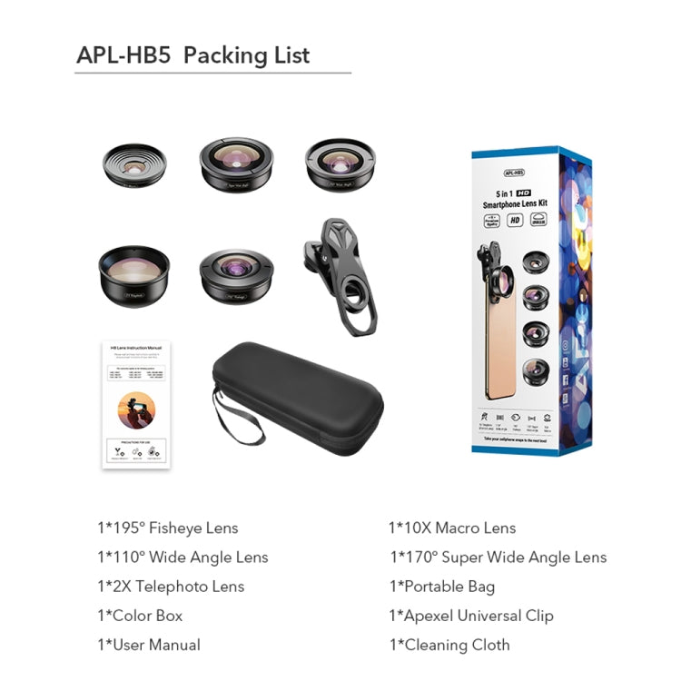 APEXEL APL-HB5 5 in 1 Wide Angle Macro Fisheye HD External Mobile Phone Lens(Set)