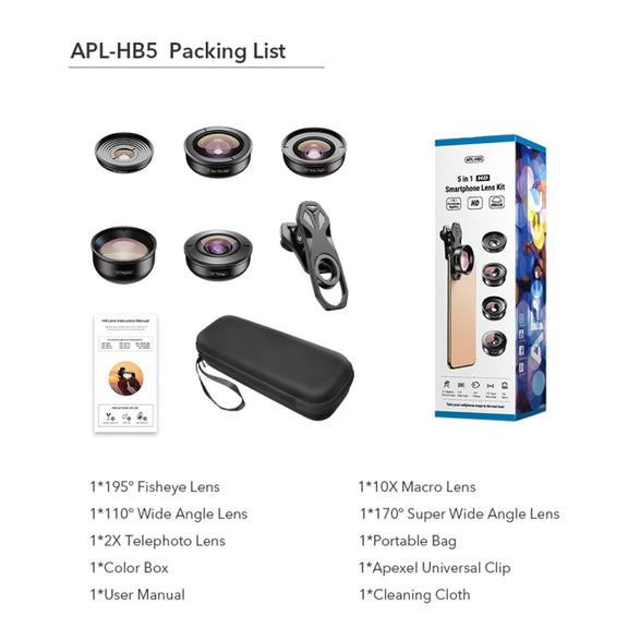 APEXEL APL-HB5 5 in 1 Wide Angle Macro Fisheye HD External Mobile Phone Lens(Set)