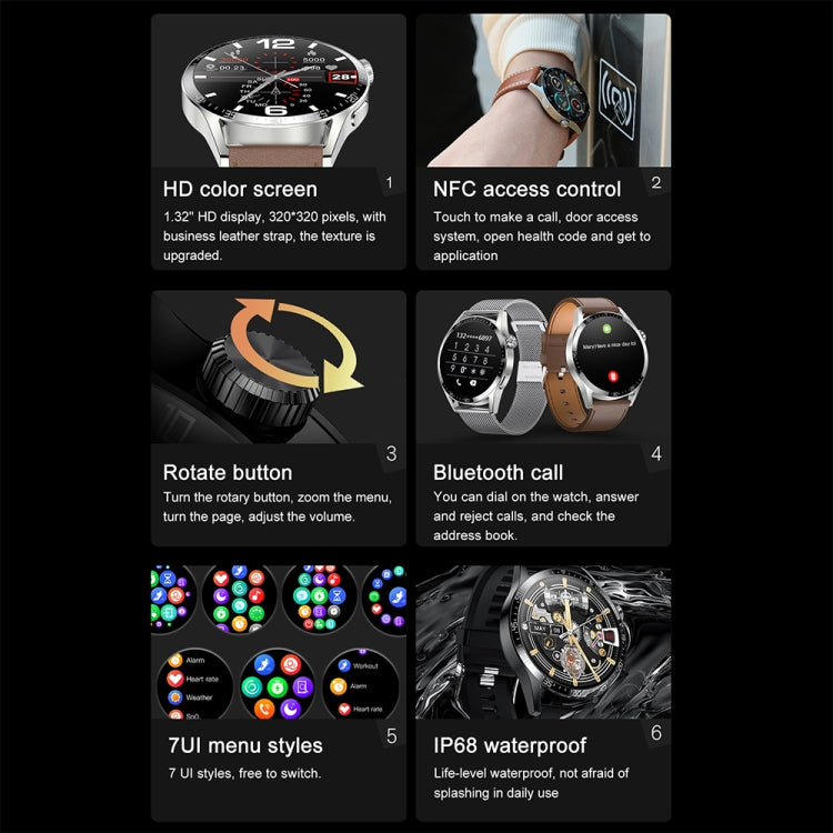 Sports Wellness Tracking Water-resistant Smart Call Watch With NFC Function, Color: Silver-Brown Leather