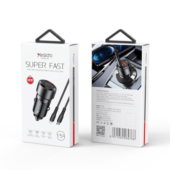 Yesido Y54 With 8 Pin To Type-C/USB-C Line Car Charger QC3.0+PD30W Type-C/USB-C+USB Dual Port Quick Charge(Black)