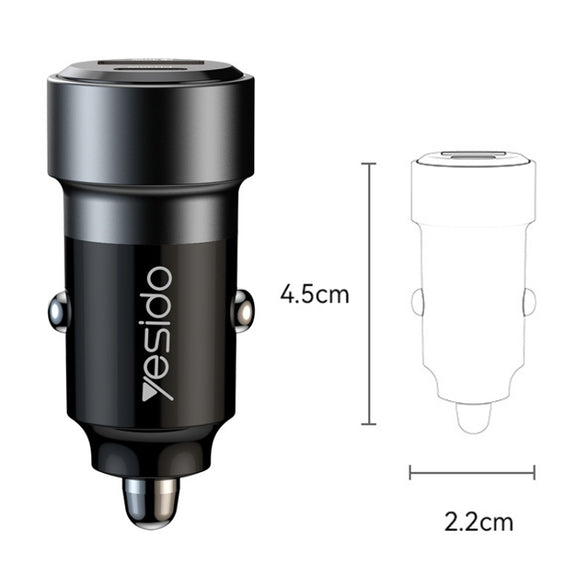 Yesido Y54 With 8 Pin To Type-C/USB-C Line Car Charger QC3.0+PD30W Type-C/USB-C+USB Dual Port Quick Charge(Black)