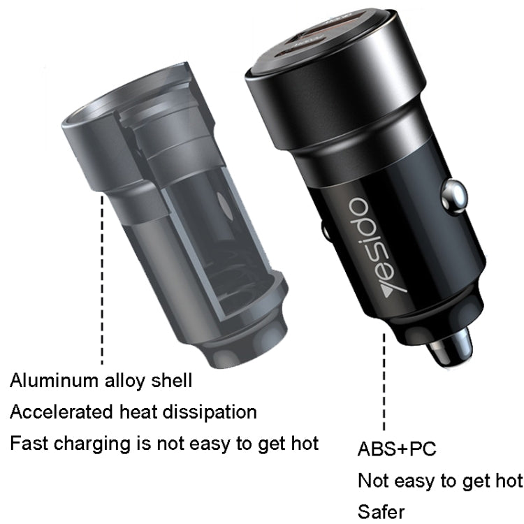Yesido Y54 With 8 Pin To Type-C/USB-C Line Car Charger QC3.0+PD30W Type-C/USB-C+USB Dual Port Quick Charge(Black)