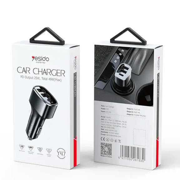 Yesido Y47 49W Double USB+Type-C/USB-C Port Car Fast Charger(Black)