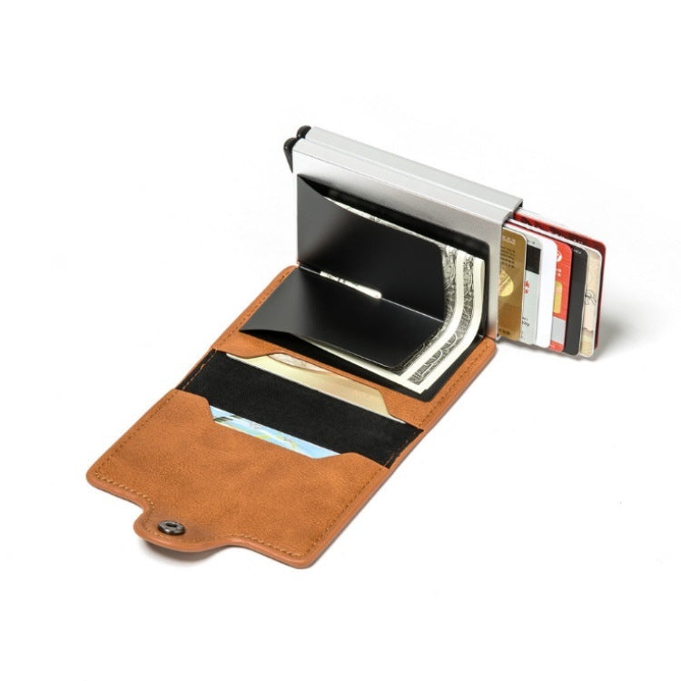 Automatic Pop-up Card Holder Metal Card Box RFID Credit Card Bank Card Box Wallet(Brown)
