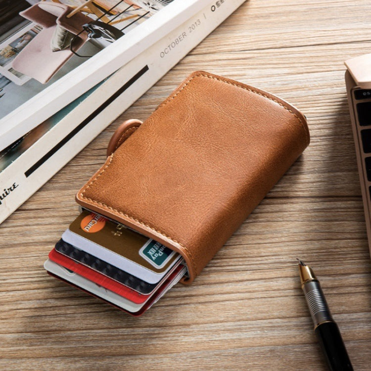 Automatic Pop-up Card Holder Metal Card Box RFID Credit Card Bank Card Box Wallet(Brown)