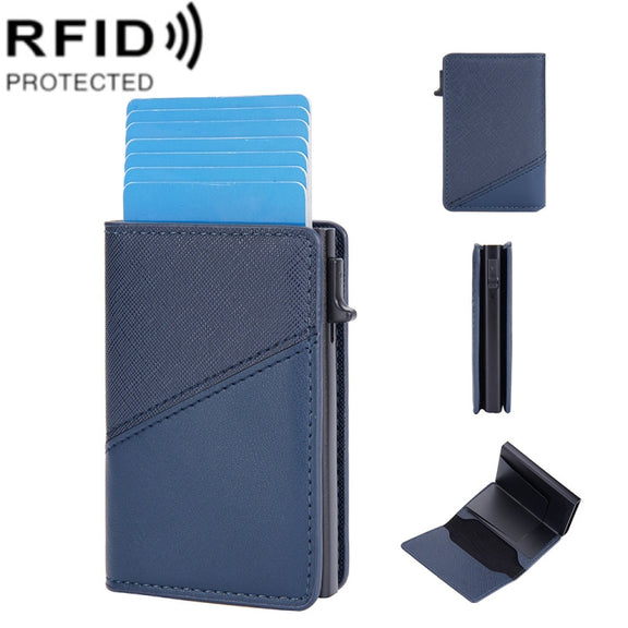 Baellerry RFID Anti-theft Aluminum Box Leather Wallet Side Push Contrasting Antimagnetic Card Holder(Blue)