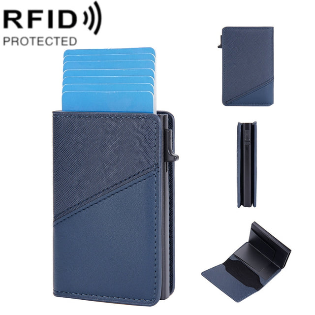 Baellerry RFID Anti-theft Aluminum Box Leather Wallet Side Push Contrasting Antimagnetic Card Holder(Blue)