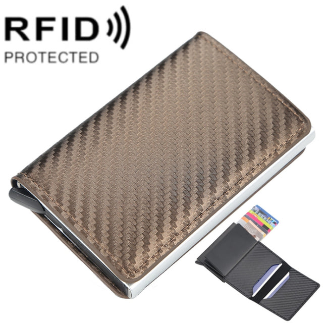 Baellerry RFID Anti-theft Plaid Leather Wallet Metal Aluminum Box Automatic Eject Type Card Holder(Gold)
