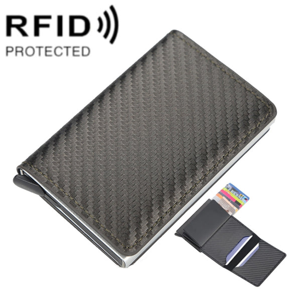 Baellerry RFID Anti-theft Plaid Leather Wallet Metal Aluminum Box Automatic Eject Type Card Holder(Dark Brown)