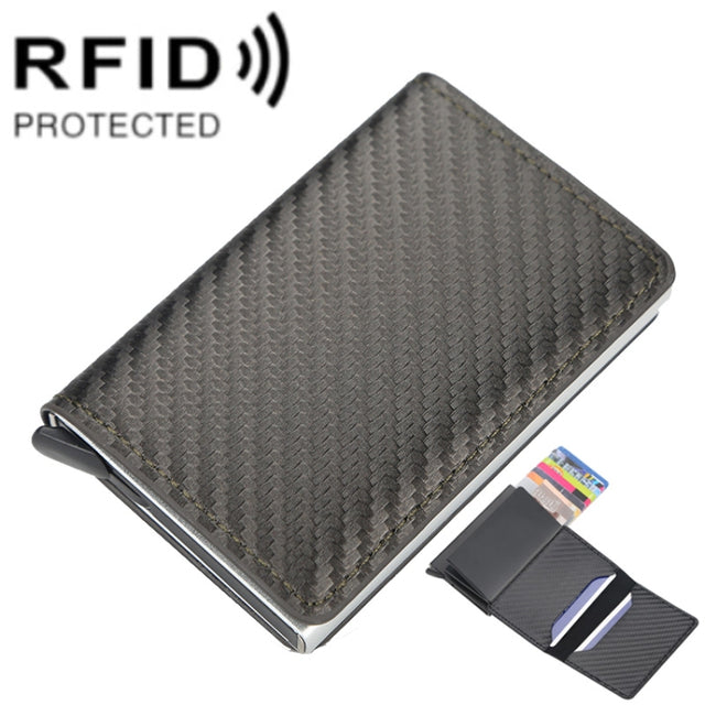 Baellerry RFID Anti-theft Plaid Leather Wallet Metal Aluminum Box Automatic Eject Type Card Holder(Dark Brown)