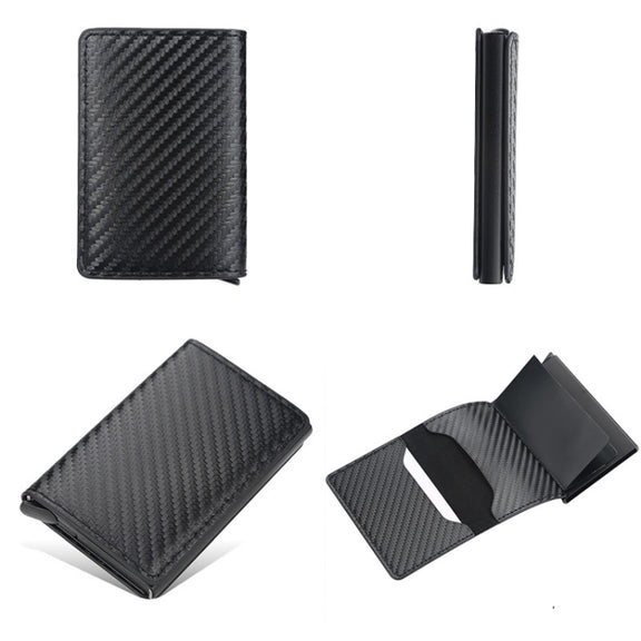 Baellerry RFID Anti-theft Plaid Leather Wallet Metal Aluminum Box Automatic Eject Type Card Holder(Dark Brown)