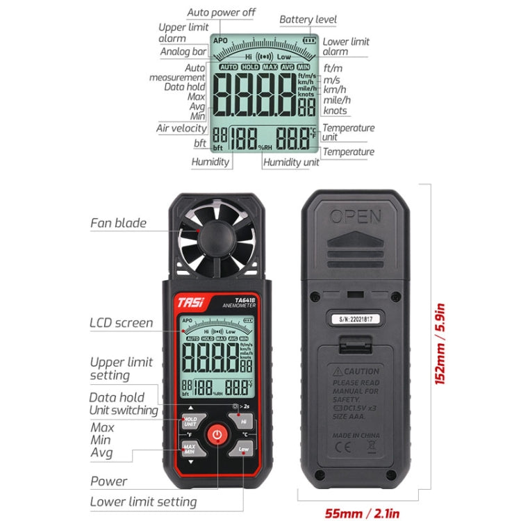 TASI TA641B High Precision Wind Speed Instrument Wind Volume Tester Handheld Wind Speed Meter