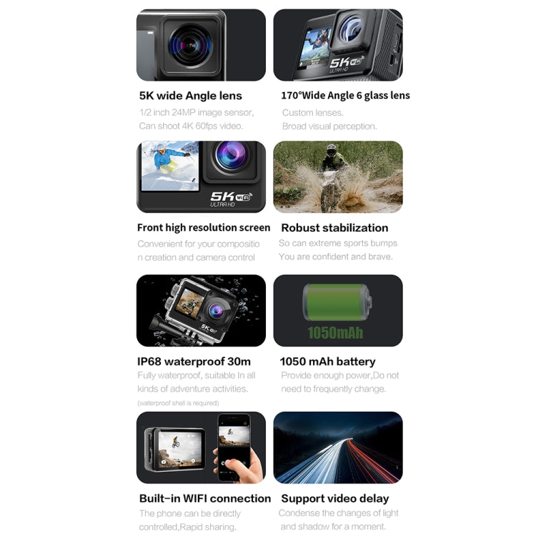 5K/30FPS WIFI HD Anti-Shake Remote Touch Dual-Screen IP68 Water-resistant Sports Camera, Style: Camera + 64G Card