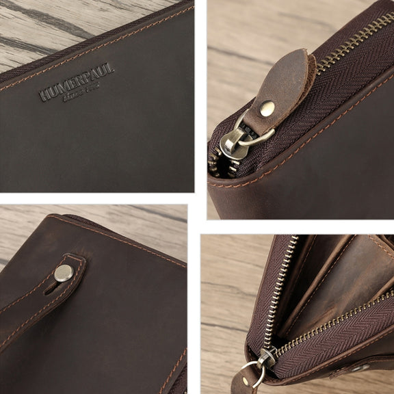 HUMERPAUL RFID Retro Zipper Multi -Card Leather Men Long Wallet Handbag(Coffee)