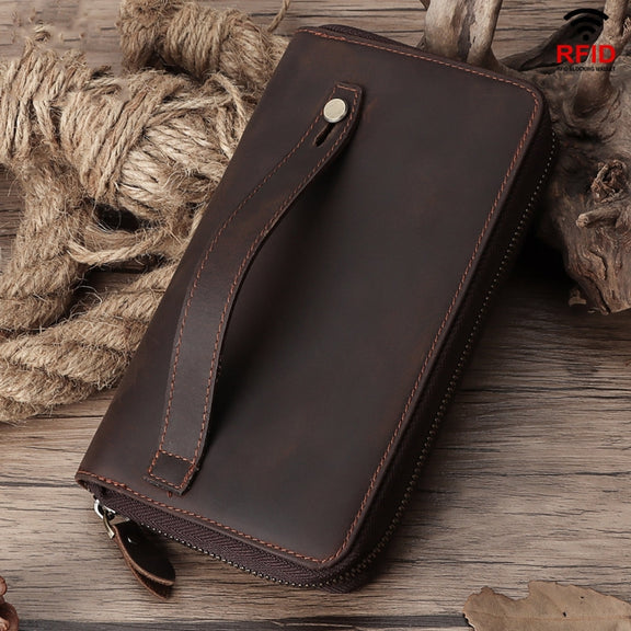 HUMERPAUL RFID Retro Zipper Multi -Card Leather Men Long Wallet Handbag(Coffee)