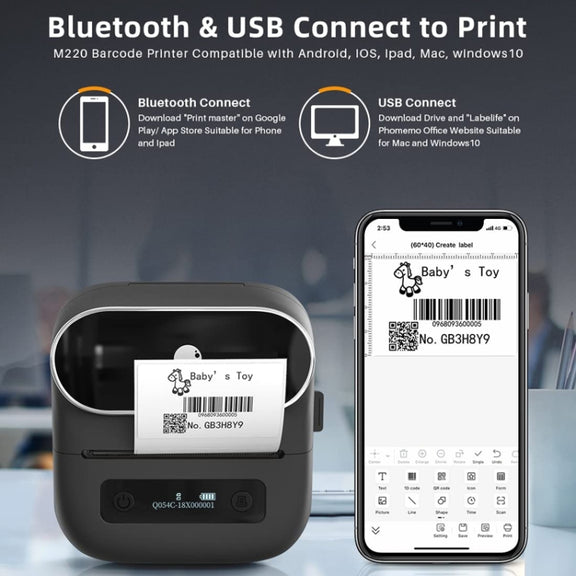 Phomemo M220 Jewelry Clothing Tags Bluetooth Thermist Strip Tag Printer(Black)