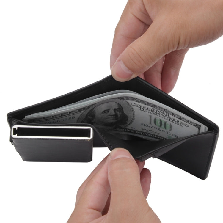 RFID Anti-Theft Short Wallet Automatic Pop-Up Aluminum Alloy Antimagnetic Card Holder(Dark Brown)